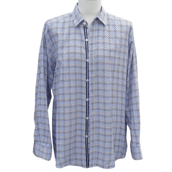 Bugatchi SZ 15.5 Classic Fit Cotton Men's Button Up Shirt- Blue, Tan and White - Picture 7 of 13